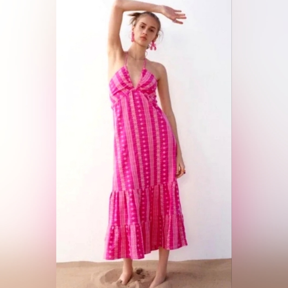 Zara Openwork Halter Embroidered Dress Pink - Size Medium
